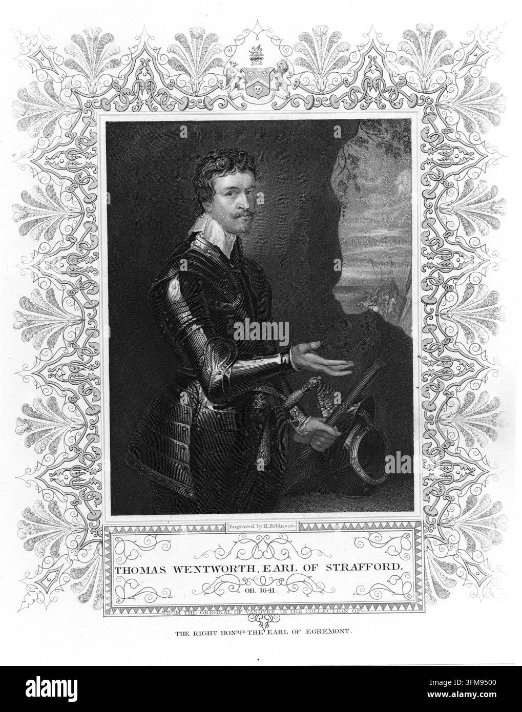 Un'incisione di H. Robinson su un dipinto di Sir Anthony van Dyck raffigurante Thomas Wentworth, I conte di Strafford (1593–1641). Thomas Wentworth fu un importante statista inglese e principale consigliere del re Carlo I durante il periodo Stuart (1603–1714). Dopo aver servito come Lord Deputy e poi Lord Lieutenant d'Irlanda, la sua amministrazione rigorosa mirava a consolidare l'autorità reale, guadagnandosi così l'inimicizia del Parlamento negli anni precedenti alla guerra civile inglese. Dopo la sua impeachment e l'approvazione di un bill di attainder, fu giustiziato su Tower Hill nel maggio 1641. c.1836 Foto Stock