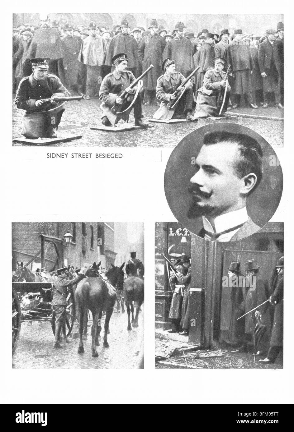 Una fotografia che raffigura scene dell'Assedio di Sidney Street, noto anche come la Battaglia di Stepney, a Londra. Dopo gli Omicidi di Houndsditch, una banda di anarchici lettoni guidata da Peter Piatkow, noto come Peter il Pittore, fu accerchiata in un edificio popolare al 100 di Sidney Street. L'immagine superiore mostra guardie scozzesi in ginocchio con fucili, sostenute dalla Polizia Metropolitana, mentre l'inserto circolare fornisce un ritratto di Piatkow. Il pannello in basso a destra cattura il ministro degli Interni Winston Churchill (1874-1965) mentre osserva lo scontro armato dalla sicurezza di una porta. L'assedio terminò quando th Foto Stock