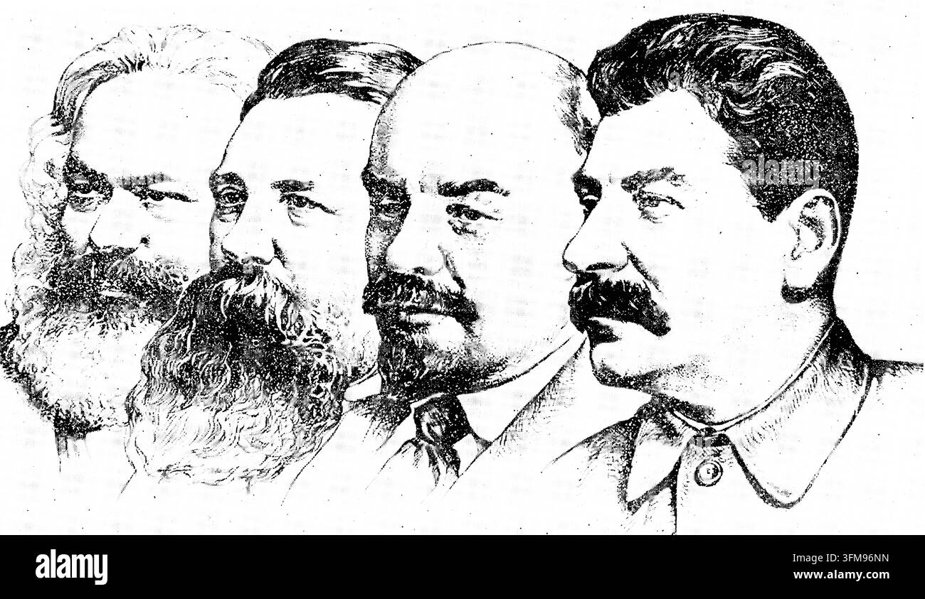 Un'illustrazione che raffigura i ritratti di profilo di Karl Marx (1818–1883), Friedrich Engels (1820–1895), Vladimir Lenin (1870–1924) e Joseph Stalin (1878–1953), identificandoli come i quattro pionieri del socialismo sovietico. Questo arrangiamento iconografico è stato ampiamente utilizzato nella propaganda sovietica per rappresentare visivamente la linea ideologica del marxismo-leninismo, posizionando Stalin come il diretto successore dei pensatori fondatori del comunismo. c.1945 Foto Stock