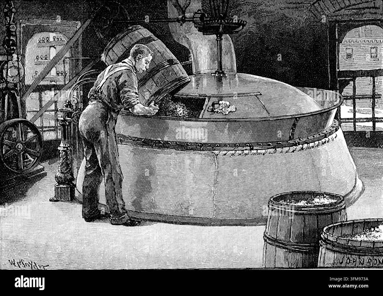 Un’incisione su legno di William Penn Snyder (1867–1948) e Thomas Johnson (1843–1904) che raffigura un operaio che aggiunge luppolo a un grande bollitore in una birreria americana. Durante la fine del diciannovesimo secolo, l’industria brassicola americana subì una rapida industrializzazione, passando dall’artigianato alla produzione meccanica su larga scala. Quest’opera fornisce una documentazione visiva dettagliata del processo di brassaggio negli Stati Uniti prima dell’introduzione del divieto nazionale della prostituzione. 1885. Foto Stock