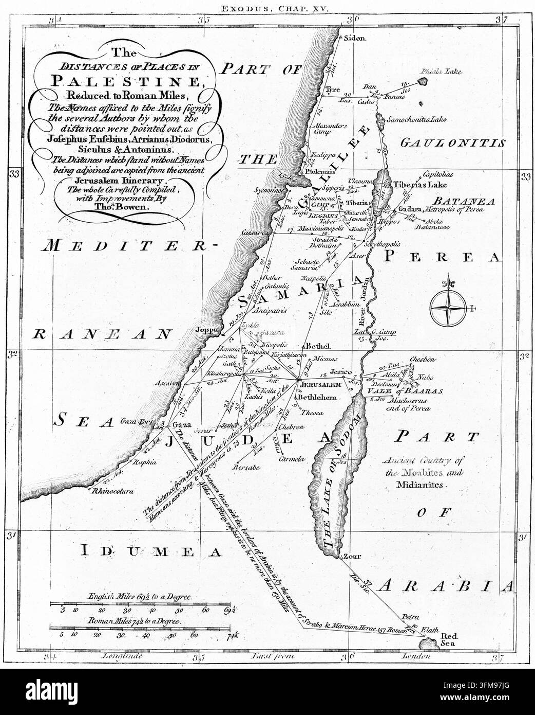 Un'incisione intitolata "Le Distanze dei Luoghi in Palestina", compilata e migliorata dall'incisore inglese Thomas Bowen (c.1733–1790). Questa mappa fornisce una rappresentazione della regione basata sui resoconti di vari autori classici come Giuseppe Flavio, Eusebio, Arriano e Diodoro Siculo. La mappa delinea i confini delle province tra cui la Galilea, la Samaria e la Giudea, e identifica punti di riferimento geografici come il Lago di Sodoma (Mar Morto) e il fiume Giordano insieme a città costiere come Gaza e Giaffa. Originariamente destinata all'esegesi biblica, include riferimenti a Foto Stock