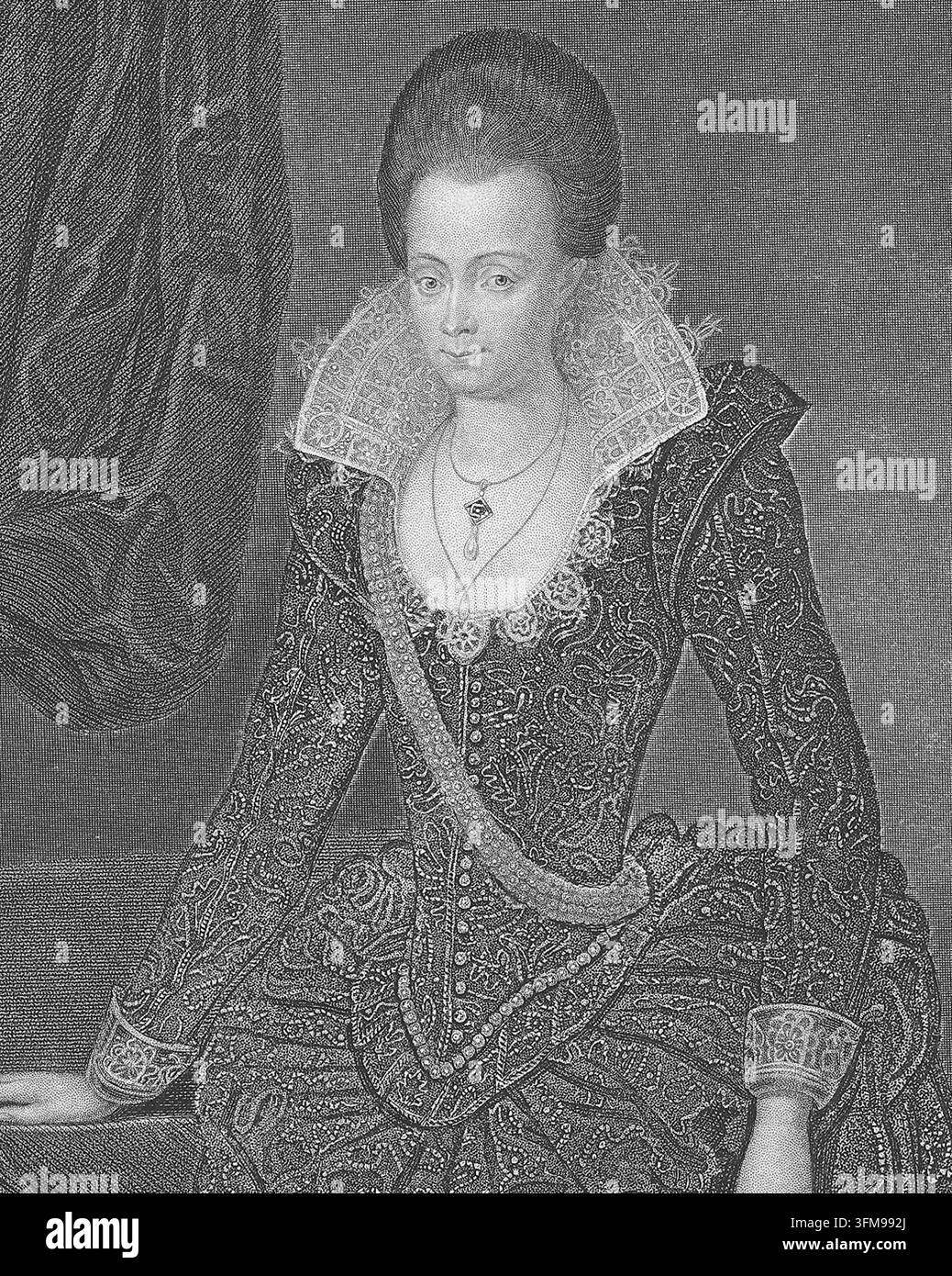 Un'incisione di Lady Arbella Stuart (1575–1615) della Casa di Stuart (1371–1714), che fu una potenziale erede al trono inglese durante il regno della regina Elisabetta I. In quanto bisnipote del re Enrico VII e nipote di Lord Darnley, aveva un significativo diritto al trono ed era seconda in linea di successione dopo il re Giacomo VI di Scozia. Il suo matrimonio non autorizzato con William Seymour, 2° duca di Somerset, portò alla sua incarcerazione nella Torre di Londra, dove morì dopo un periodo di cattiva salute e angoscia mentale. c. 1825. Foto Stock