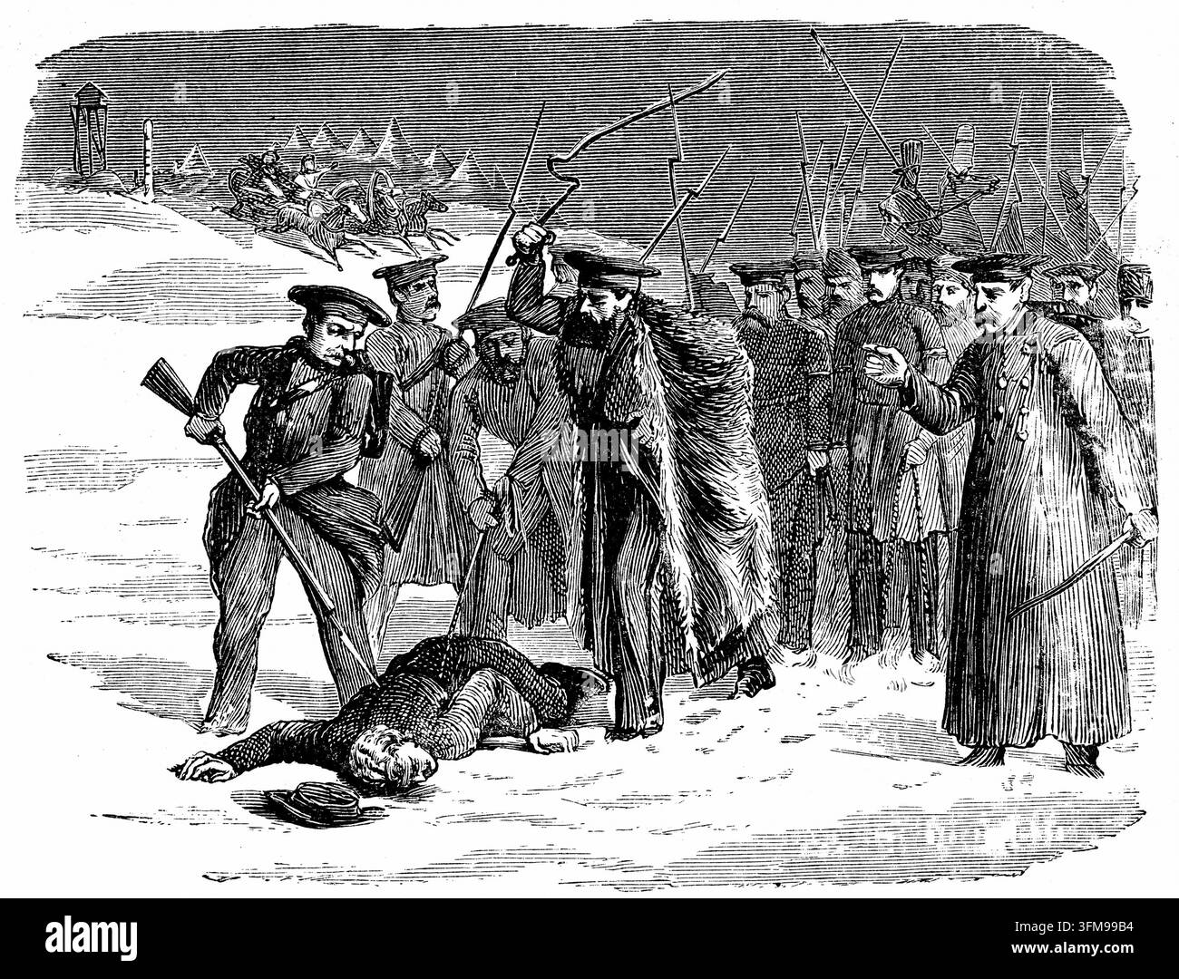 Un'incisione in legno che raffigura il duro trattamento di un prigioniero all'interno del sistema di esilio siberiano durante l'era della Russia imperiale. L'illustrazione mostra un uomo caduto che viene punzecchiato con una baionetta mentre un sorvegliante con un pesante cappotto di pelliccia solleva una frusta per colpirlo, osservato da una fila di guardie nelle caratteristiche uniformi militari russe. Tali scene venivano spesso utilizzate nelle pubblicazioni occidentali per evidenziare la brutalità percepita del sistema della katorga e l'uso delle punizioni corporali nell'Impero russo. 1874. Foto Stock