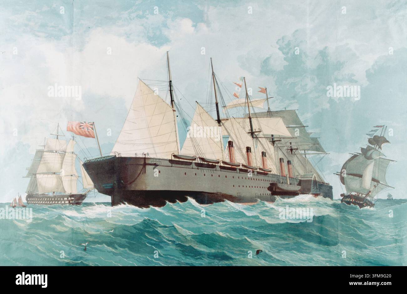 Una cromolitografia raffigurante la SS Great Eastern, progettata da Isambard Kingdom Brunel (1806–1859) e varata dal cantiere di John Scott Russell (1808–1882) sul Tamigi nel 1858. Al momento del suo completamento, la nave a scafo di ferro era la più grande mai costruita, con cinque fumaioli, sei alberi e una combinazione unica di ruota a pale e propulsione a vite. Destinata al traffico passeggeri verso l'Australia, la scala massiccia della nave era progettata per trasportare abbastanza carbone per l'intero viaggio senza rifornimenti, anche se in seguito ha trovato il suo ruolo più significativo nella posa del primo successo t Foto Stock