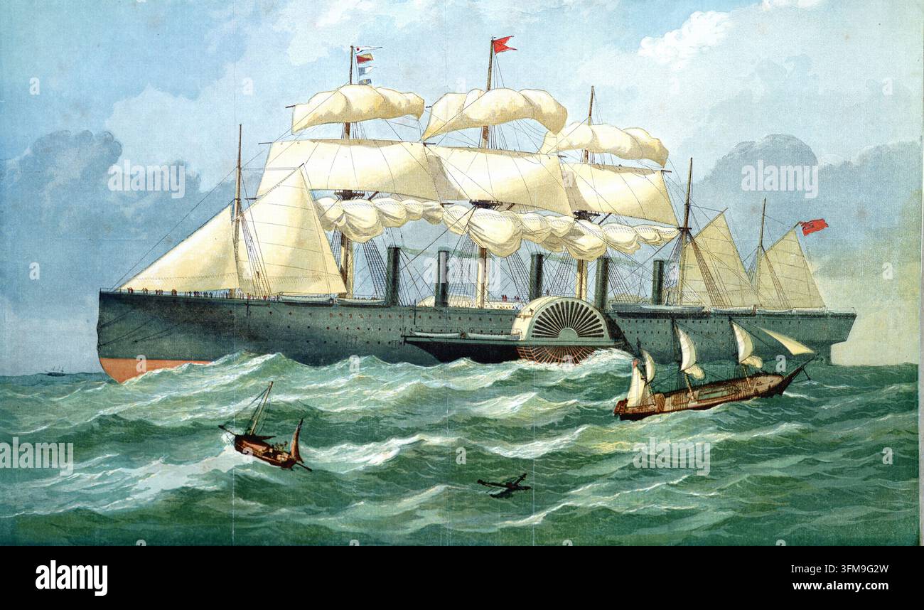 Una stampa che raffigura il piroscafo 'Great Eastern', progettato da Isambard Kingdom Brunel (1806–1859). Conosciuta come 'Leviathan' durante la sua costruzione, la nave era di gran lunga la più grande mai costruita a quel tempo, progettata per trasportare 4.000 passeggeri dall'Inghilterra all'Australia senza rifornimenti. Questa illustrazione contemporanea evidenzia la sua combinazione unica di ruote a pale, un'elica e sei alberi per le vele mentre naviga attraverso un mare agitato circondata da navi più piccole. 1857. Foto Stock