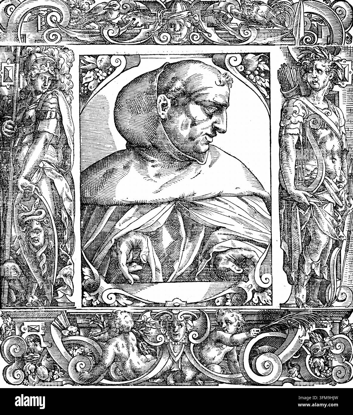 Un’incisione in legno che raffigura Albertus Magnus (c. 1200–1280), il frate domenicano tedesco e vescovo di Ratisbona (Regensburg) noto come "Doctor Universalis". Rinomato per aver fuso l’aristotelismo con la teologia cristiana, Albertus è raffigurato in un abito con cappuccio all’interno di una cornice rinascimentale ornata, affiancato dalle figure allegoriche di Minerva e Apollo. c. 1550. Foto Stock