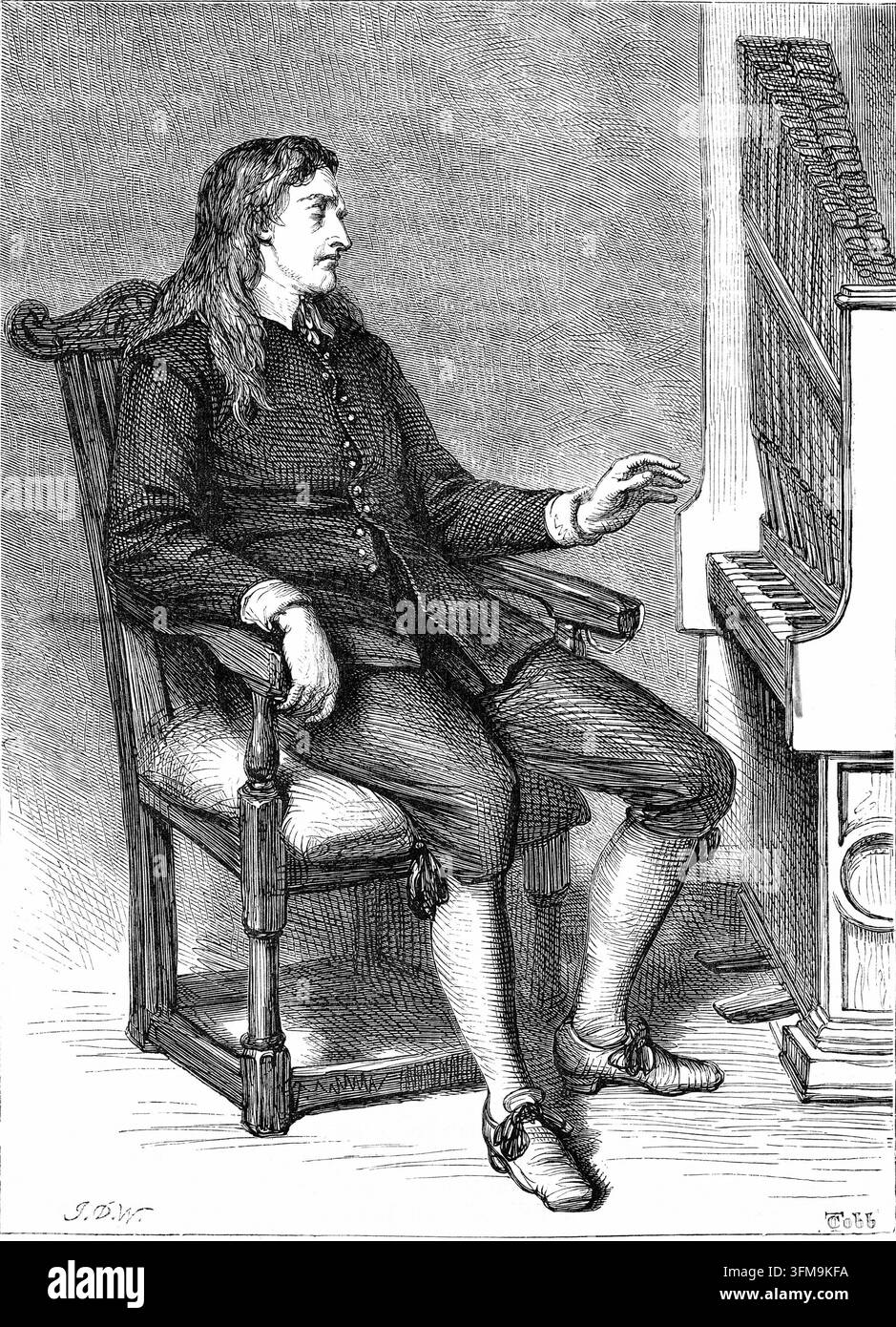 Un’incisione su legno che raffigura il poeta inglese John Milton (1608–1674) seduto accanto a un piccolo organo da camera durante gli ultimi anni del periodo Stuart (1603–1714). Avendo perso la vista intorno al 1652, Milton si rivolse alla musica come consolazione, suonando spesso l’organo mentre componeva le sue grandi opere epiche come « Paradise Lost » per dettatura. Questa illustrazione, firmata da John Dawson Watson e incisa da Cobb, cattura l’autore in un momento di quieta riflessione. 1870. Foto Stock