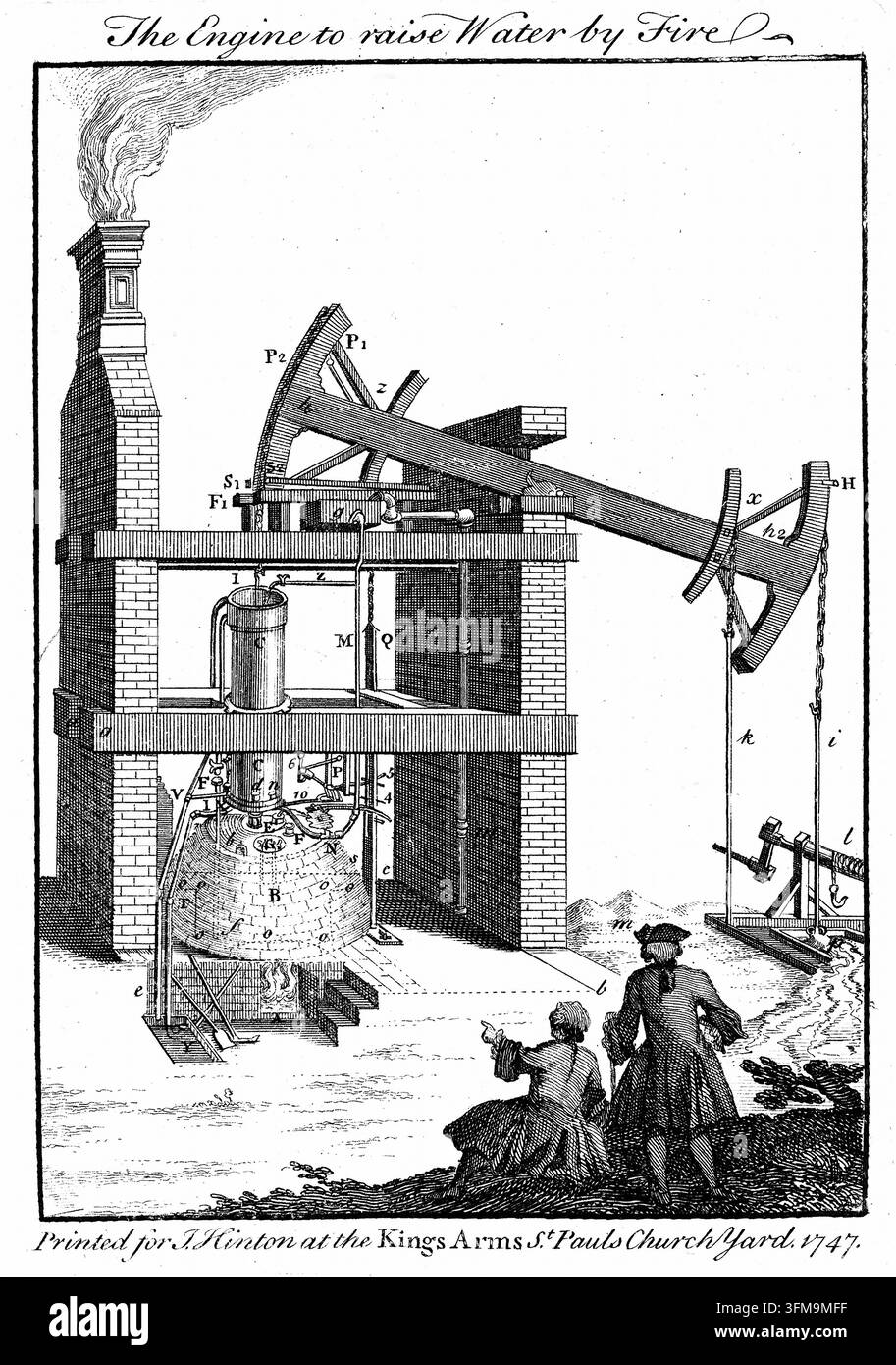 Un'incisione in rame intitolata "La macchina per sollevare l'acqua con il fuoco", che raffigura una macchina a vapore Newcomen come pubblicata in The Universal Magazine. Basata sull'illustrazione di Henry Beighton della macchina atmosferica alla miniera di carbone Griff vicino a Nuneaton, nel Warwickshire, la macchina fu sviluppata da Thomas Newcomen (1663–1729) per pompare l'acqua fuori dagli scavi minerari profondi. Lo schema dettagliato illustra la caldaia, il cilindro e la grande trave oscillante caratteristici della tecnologia energetica industriale precedente. Stampata per John Hinton al King's Arms, St Paul's Churchyard, Londra, l'immagine riflette la metà del XVIII secolo Foto Stock