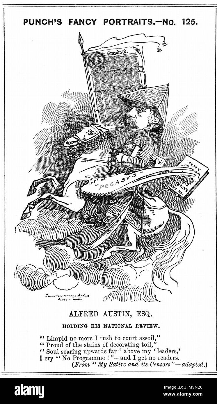 Un'incisione di Edward Linley Sambourne che raffigura Alfred Austin (1835–1913) come caricatura nella serie “Fancy Portraits”. Facendo riferimento sarcastico alla sua nomina a direttore del “National Review” nel marzo 1883, l'immagine mostra Austin che cavalca il cavallo alato Pegaso attraverso le nuvole brandendo uno stendardo per “The Standard”, un giornale per cui è stato a lungo scrittore di articoli di opinione. Infilati in una borsa dietro la sua sella ci sono copie delle sue opere pubblicate, come “The Season” e “Savonarola”, che sono giustapposte in modo beffardo alle sue ambizioni letterarie e alla percepita mancanza di popolarità Foto Stock