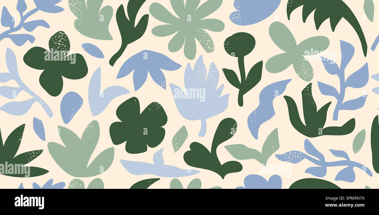 Modello floreale astratto senza giunture con fiori stilizzati, foglie organiche, forme blu pastello e verde salvia, carta da parati botanica testurizzata, illustrazione vettoriale moderna di stampa superficiale Illustrazione Vettoriale