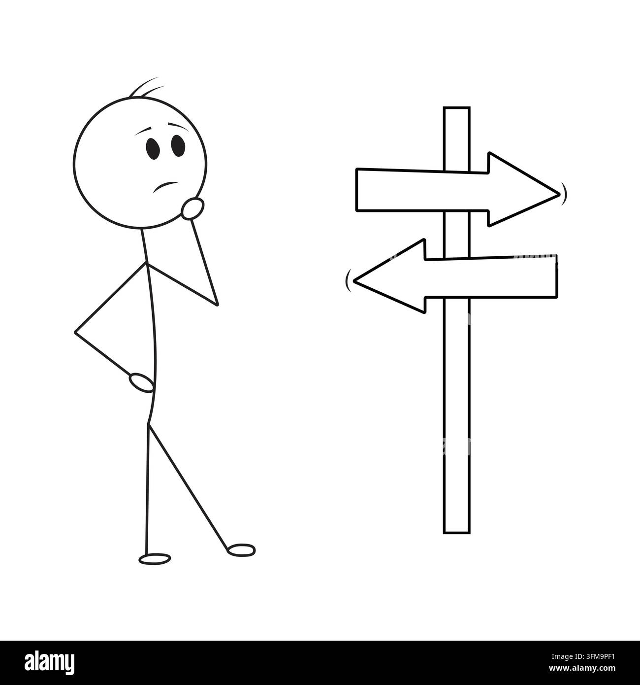 Una figura a stick appoggiata a un cartello di incrocio con frecce che puntano in direzioni opposte, confusa e che prende una decisione. Illustrazione Vettoriale