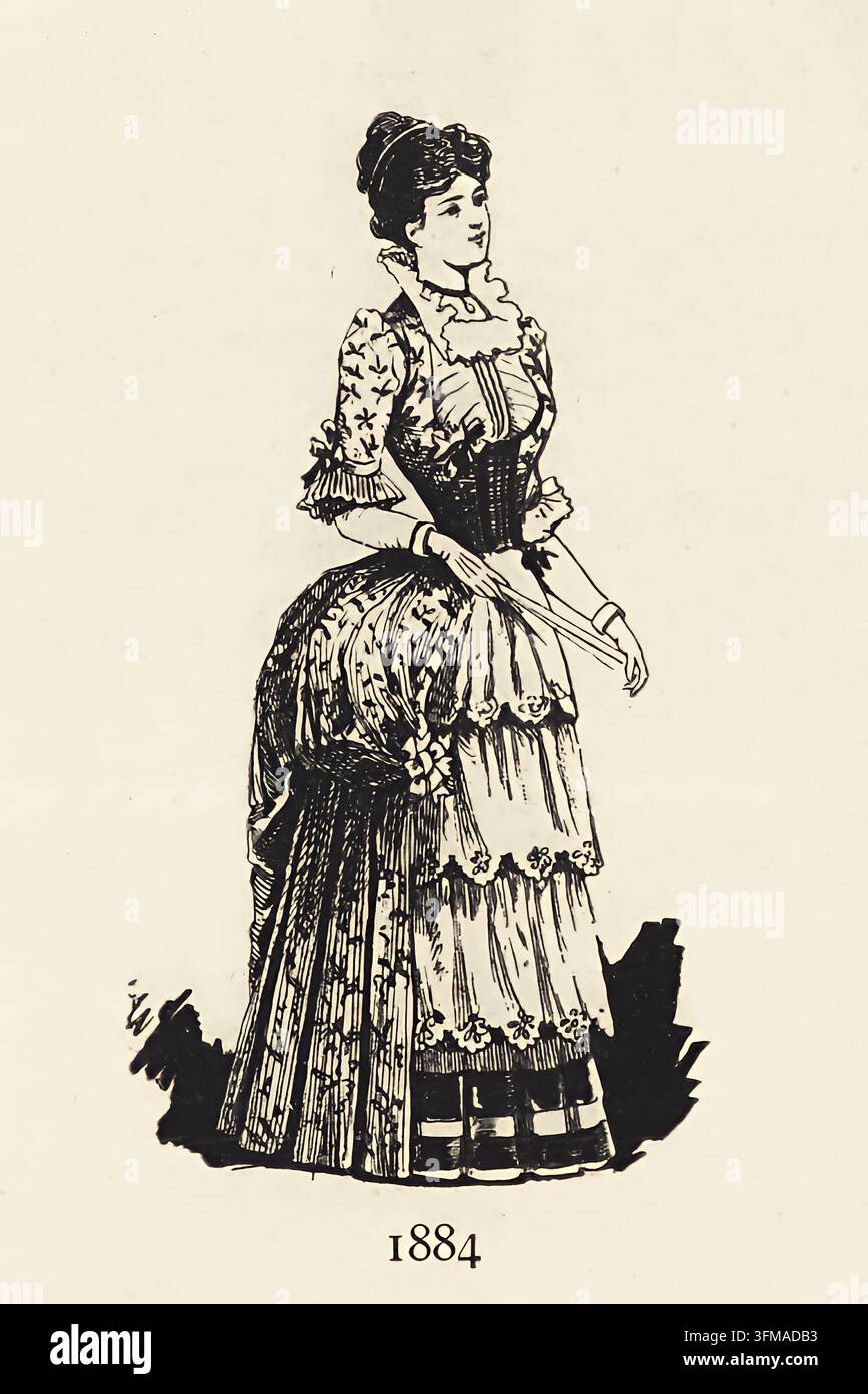 Illustrazione di moda monocroma storica di una donna parigina dell'alta società che indossa un elaborato abito del 1884 con un corpetto aderente, un colletto alto arricciato, maniche a fantasia, una silhouette a crinolina, un sovrastrato, bordi in pizzo e un pannello anteriore a forma di grembiule. Da una storia visiva della moda a Parigi e delle fasi mutevoli del gusto e dell'estetica femminile dal 1797 al 1897, associata a Octave Uzanne. Da Moda a Parigi; le varie fasi del gusto e dell'estetica femminile dal 1797 al 1897 di Uzanne, Octave, 1852-1931; Loyd, Mary Sophia Hely-Hutchinson, 1853-1936; Courboin, François, 1865-1926 data 1898 Foto Stock