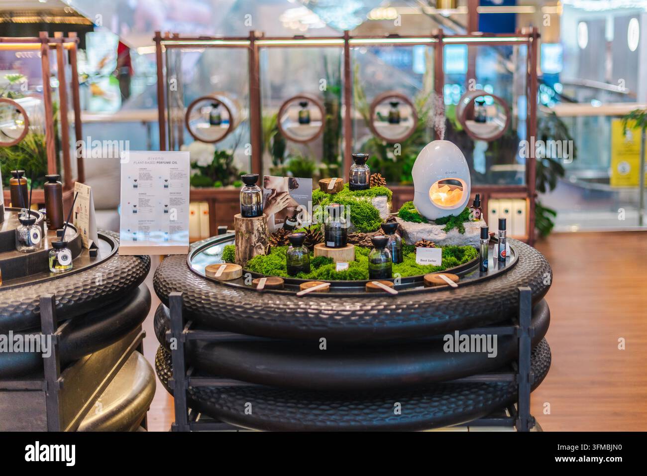 Bangkok, Thailandia, 4 maggio 2026: Un'esposizione di bevande curata presenta recipienti per la preparazione, bottiglie, piante verdi e una lampada ovale luminosa in un negozio al dettaglio moderno Foto Stock