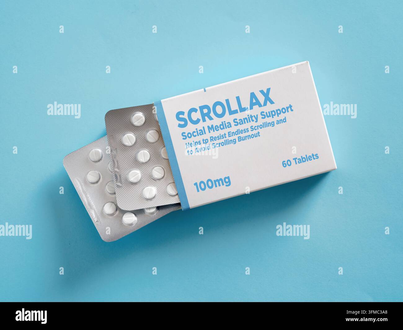 Immagine concettuale di pillole di supporto per la disintossicazione dai social media, che aiutano a resistere allo scrolling infinito e a evitare il burnout da scrolling Foto Stock