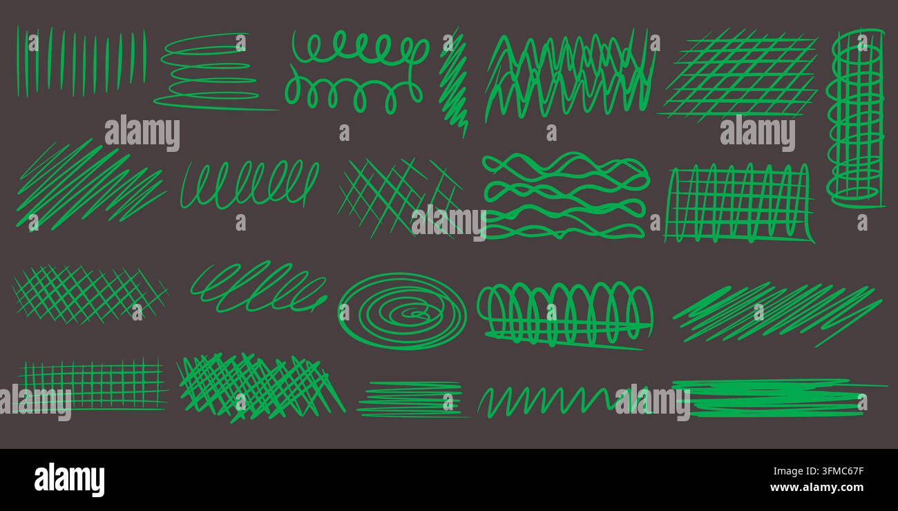 Set di linee di inchiostro, tratteggi, onde, zigzag e vortici in verde neon Illustrazione Vettoriale