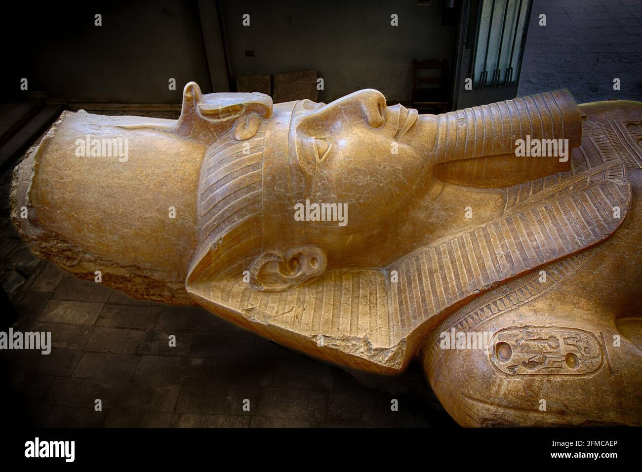 MIT RAHINA, EGITTO – 9 MARZO 2026: Testa e spalla del colosso di calcare sdraiato di Ramses II (XIX dinastia, regnò ca. 1279–1213 a.C.) nel Foto Stock