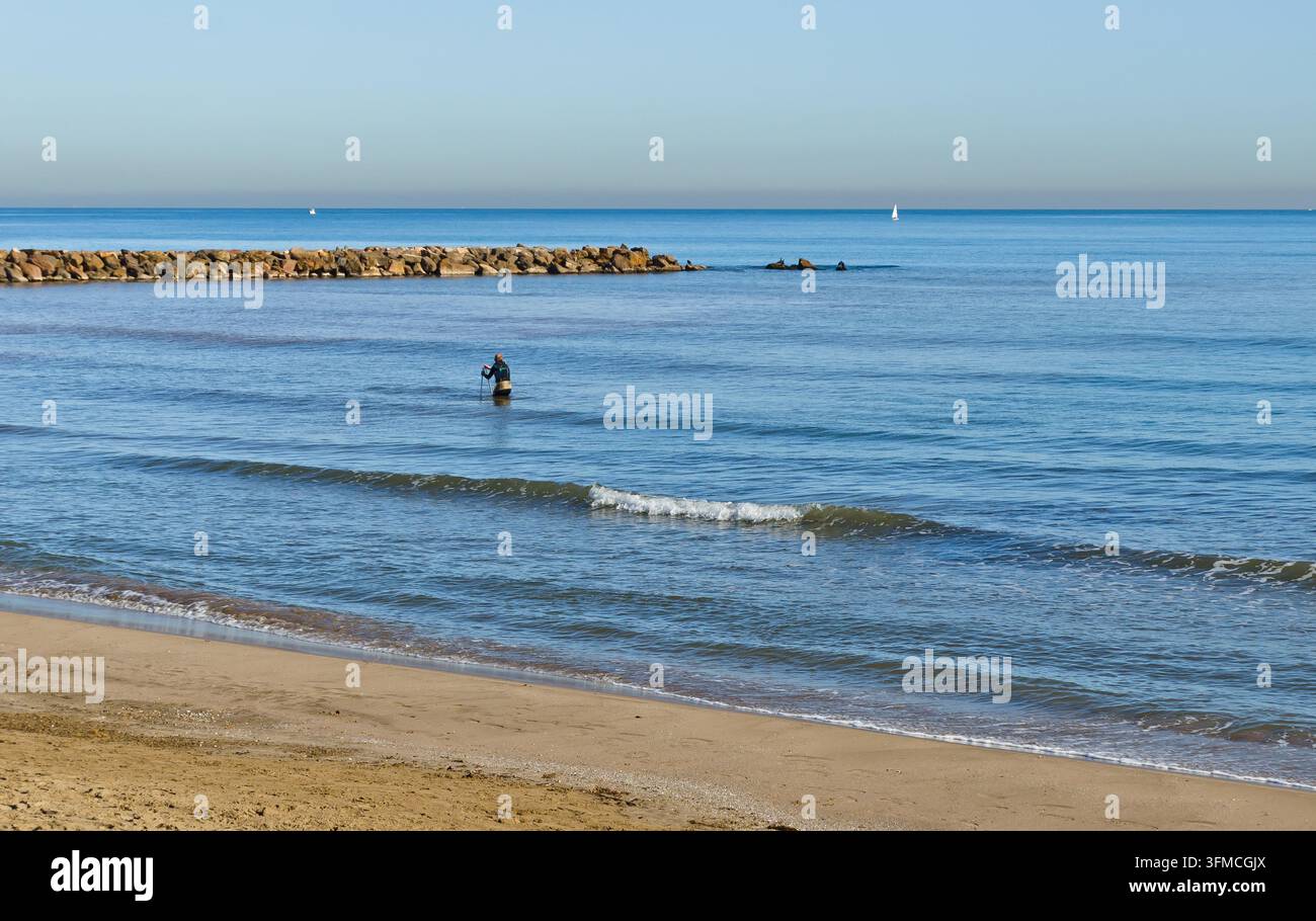 Pescatore tradizionale che raccoglie vongole a cuneo sulla spiaggia all'alba Foto Stock