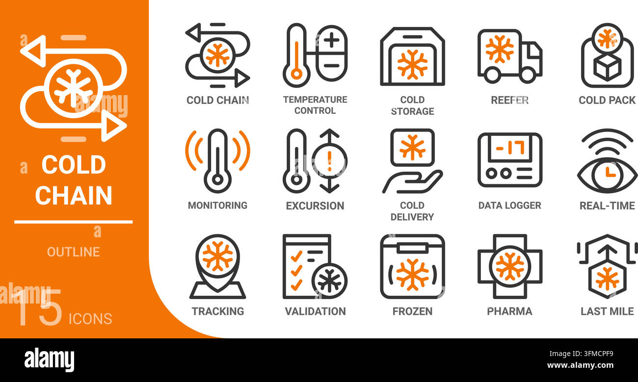 Raccolta di icone per la logistica della catena del freddo per web, app, UI, UX, dashboard, presentazione, infografica e design stampato Illustrazione Vettoriale