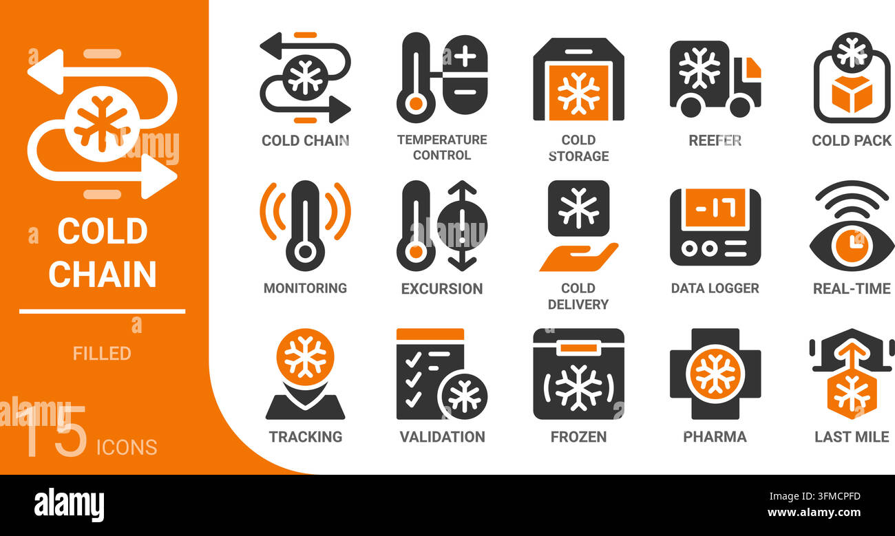 Collezione di icone a glifi pieni per la logistica della catena del freddo per Web, app, UI, UX, dashboard, presentazione e infografica e design stampato Illustrazione Vettoriale