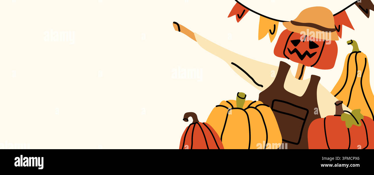 Simpatico spaventapasseri di Halloween con zucche, modello di banner vettoriale disegnato a mano Illustrazione Vettoriale