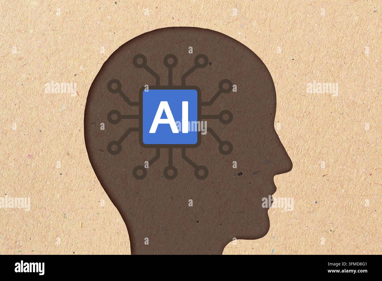 Silhouette di un uomo con icona AI - Concetto degli effetti dell'intelligenza artificiale sul cervello Foto Stock