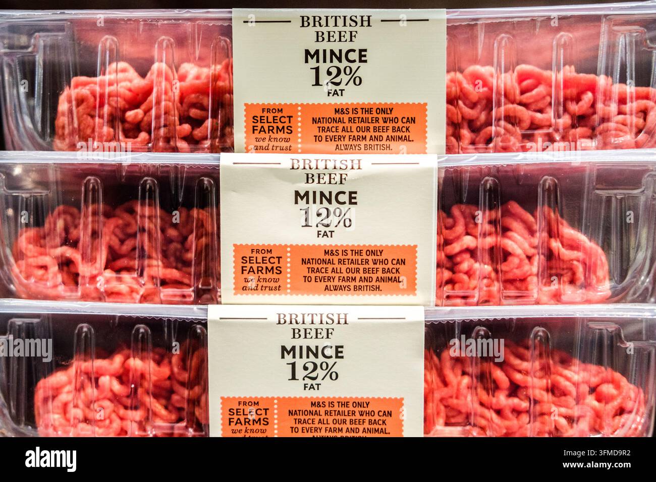 Londra, Regno Unito, 28 settembre 2026, Primo piano di vassoi di plastica di Marks And Spencer con il 12% di grasso, macinato di manzo britannico Foto Stock