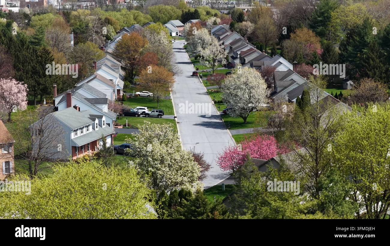 Vista aerea di una tranquilla strada suburbana fiancheggiata da case e alberi in fiore primaverili a East Petersburg, Pennsylvania, Stati Uniti. Foto Stock