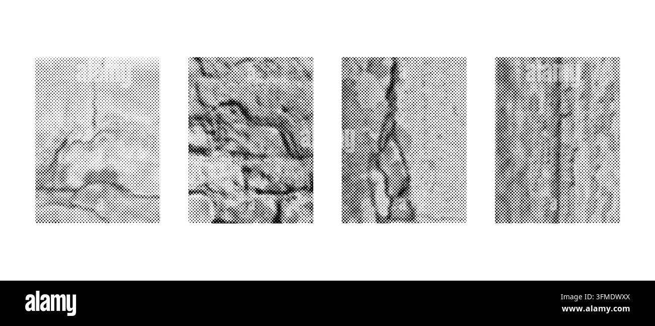 Sovrapposizione di motivo a punti mezzotono con texture ruvida, effetto muro di mattoni crepato, sfondo sfumato in stile fumetto per poster vintage e design grafico Illustrazione Vettoriale