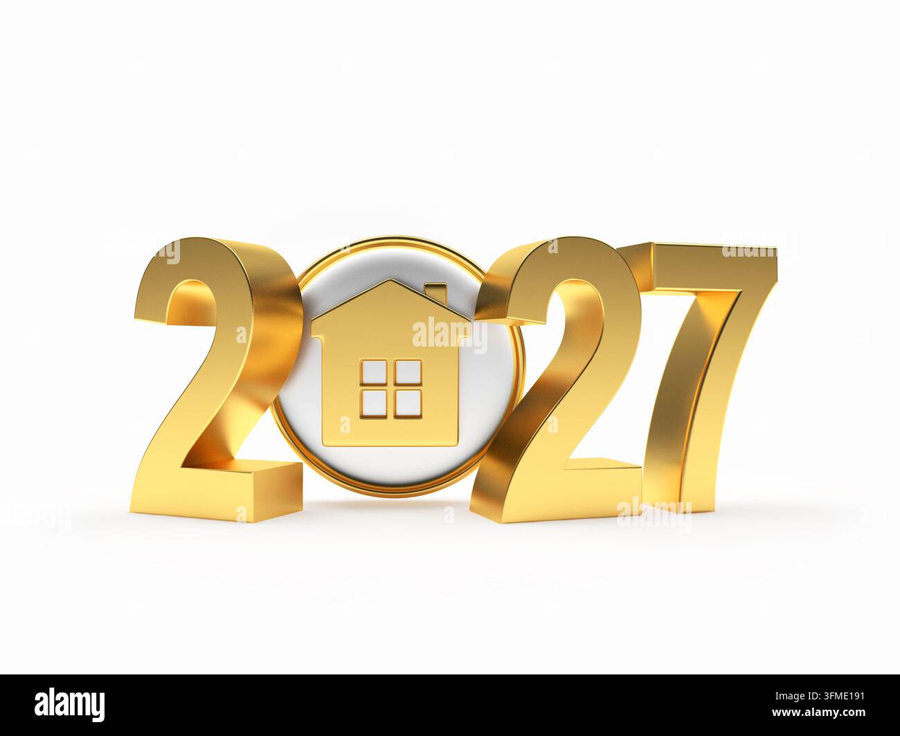 Cifre dorate 2027 con simbolo di casa all'interno della moneta; simboleggiano il settore immobiliare, il mercato delle abitazioni e gli investimenti immobiliari. Render 3D. Foto Stock