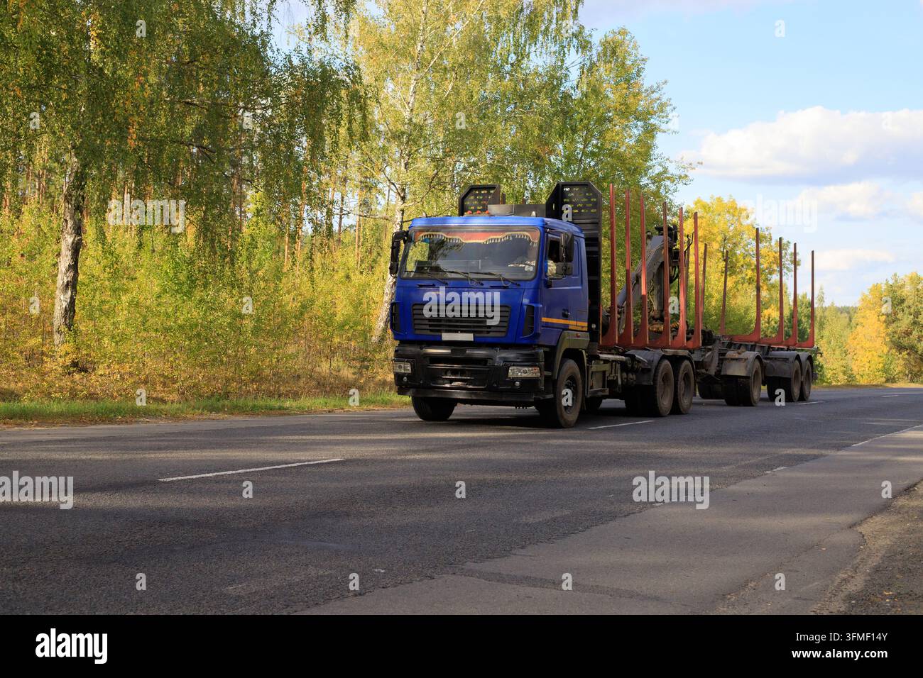 Camion per il trasporto del legname vuoto su una strada di campagna per il concetto di taglio del legno e industria del legno. Veicolo specializzato in direzione di un sito forestale per la raccolta di materie prime. Foto Stock