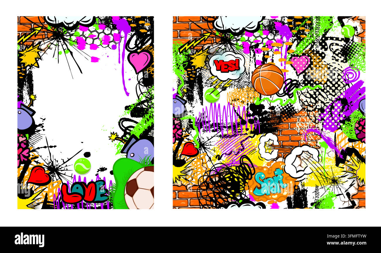 Un set di cornici alla moda per giovani di strada con graffiti. Sfondo sportivo per graffiti senza cuciture . Disegnato a mano. Non ai, illustrazione vettoriale. Illustrazione Vettoriale