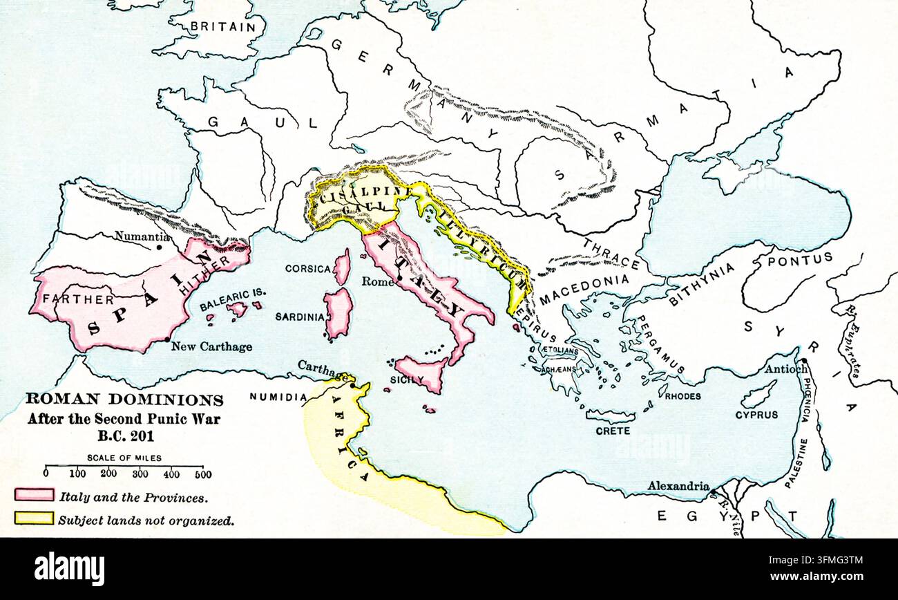 Questa mappa del 1901 mostra il dominio romano (le terre sotto controllo romano) dopo la seconda guerra punica—201 a.C. Questo conflitto (218-201 a.C.) è stato il secondo di tre combattuti tra Cartagine e Roma, le due principali potenze del Mediterraneo occidentale nel III secolo a.C. L'area in rosa mostra l'Italia e le sue province. L'area in giallo mostra “terre soggette e non organizzate”. Foto Stock
