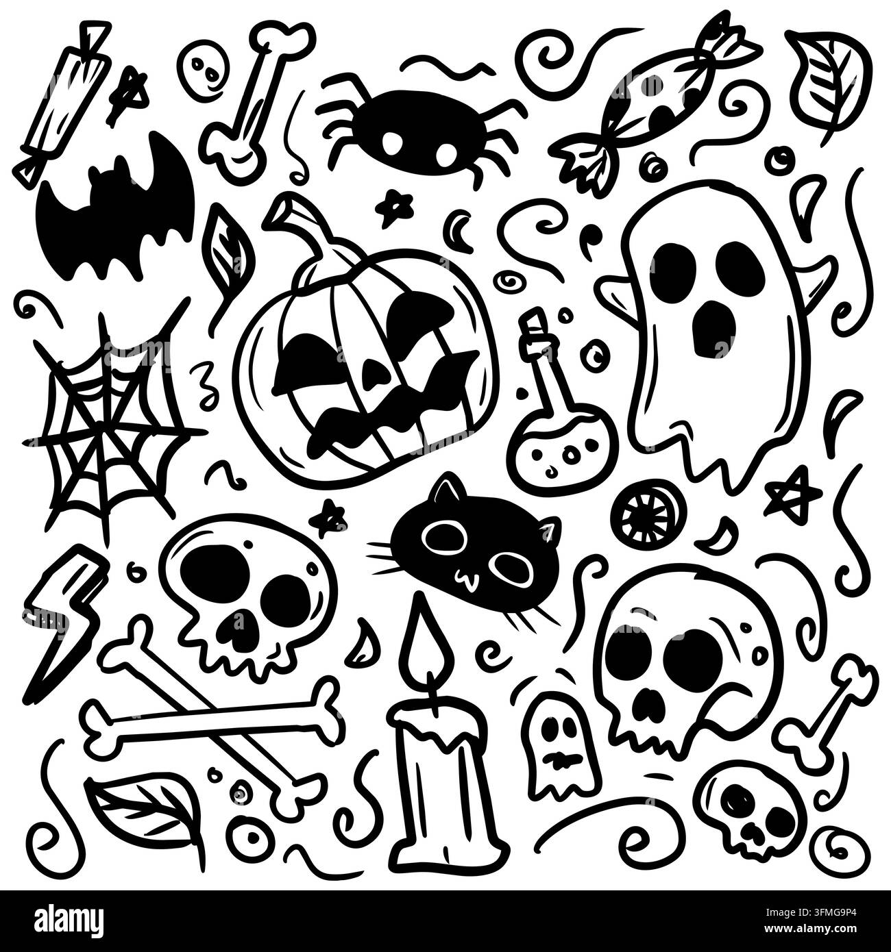 Set di scarabocchi di Halloween disegnati a mano con fantasmi carini, zucche e teschi Illustrazione Vettoriale