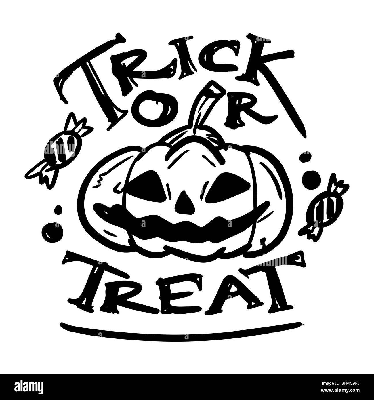 Illustrazione vettoriale disegnata a mano per Trick or Treat Halloween con zucca e caramelle Illustrazione Vettoriale