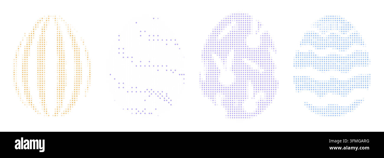 Collezione di uova di Pasqua in pixel art con motivi bitmap trame. Questo set artistico presenta colori smorzati e design astratti. Illustrazione vettoriale piatta Illustrazione Vettoriale