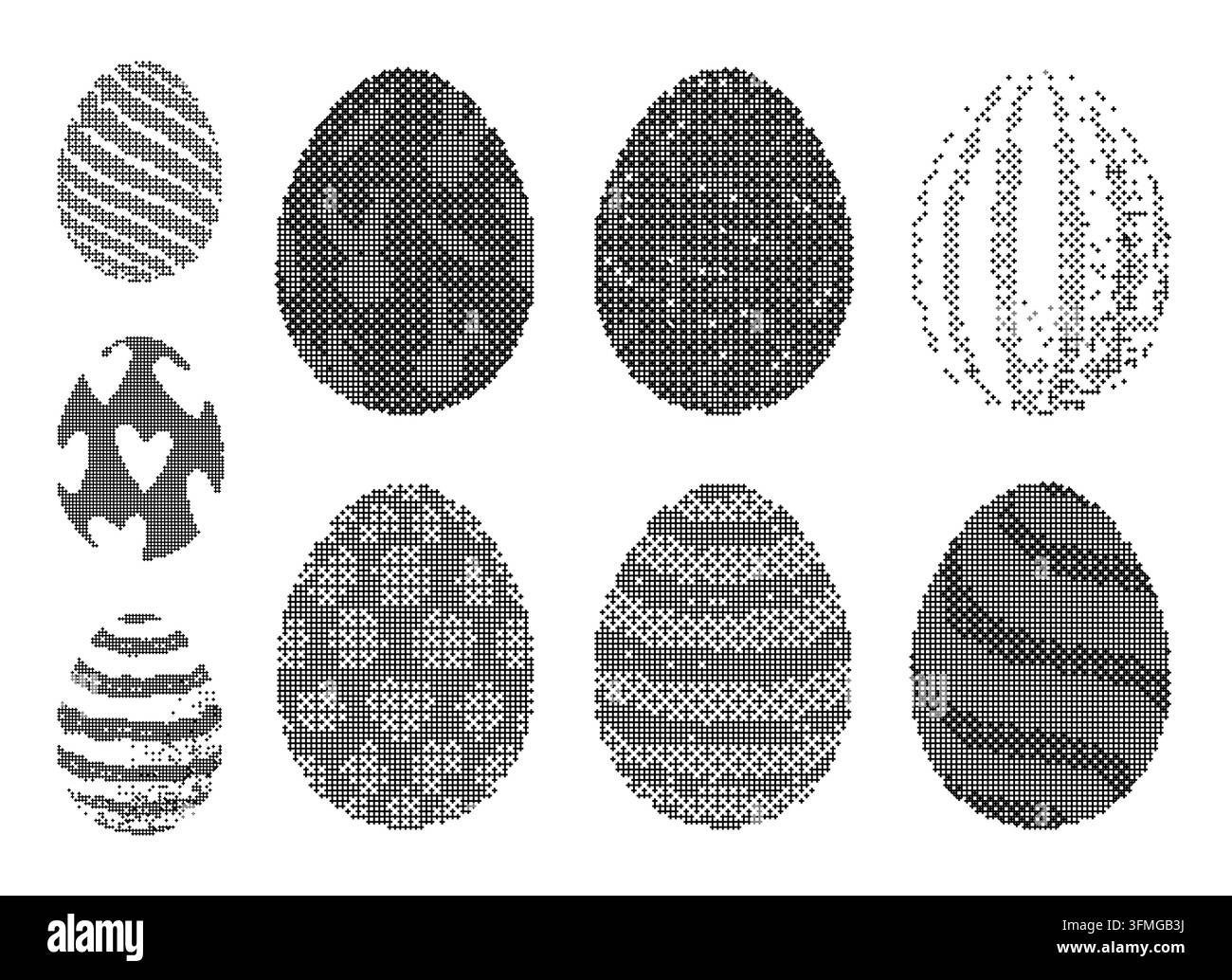 Collezione di uova di Pasqua in pixel art con motivi trame. Questo insieme di bitmap monocromatiche presenta vari design astratti e geometrici per progetti festivi Illustrazione Vettoriale
