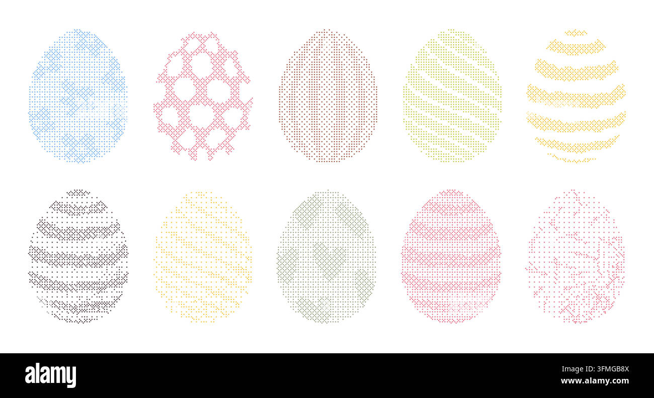 Collezione di uova di Pasqua in pixel art con vari motivi tramezzati. Questo set presenta uova pixelate artistiche, ideali per i design delle feste. Illustrazione vettoriale Illustrazione Vettoriale