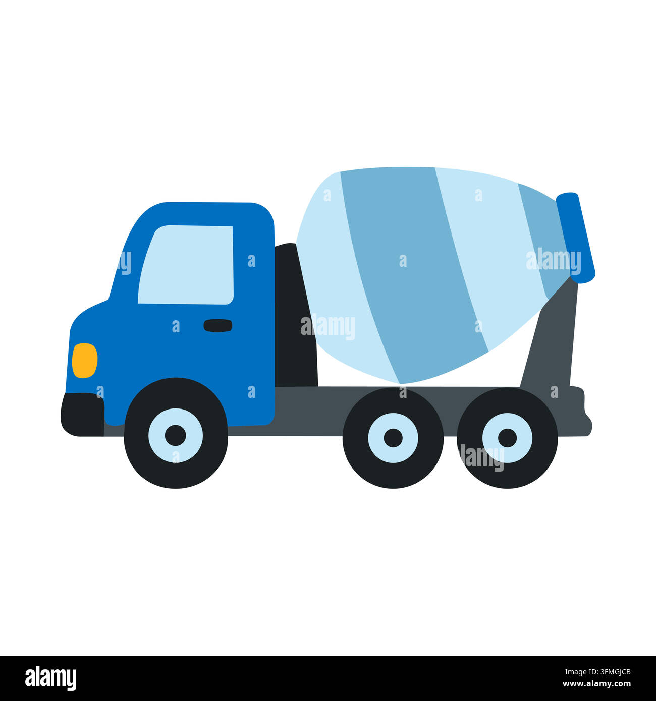 Simpatico camion per mescolare il cemento blu in stile vettore piatto isolato su sfondo bianco. Perfetto per il design per bambini, materiali educativi e costruzione Illustrazione Vettoriale
