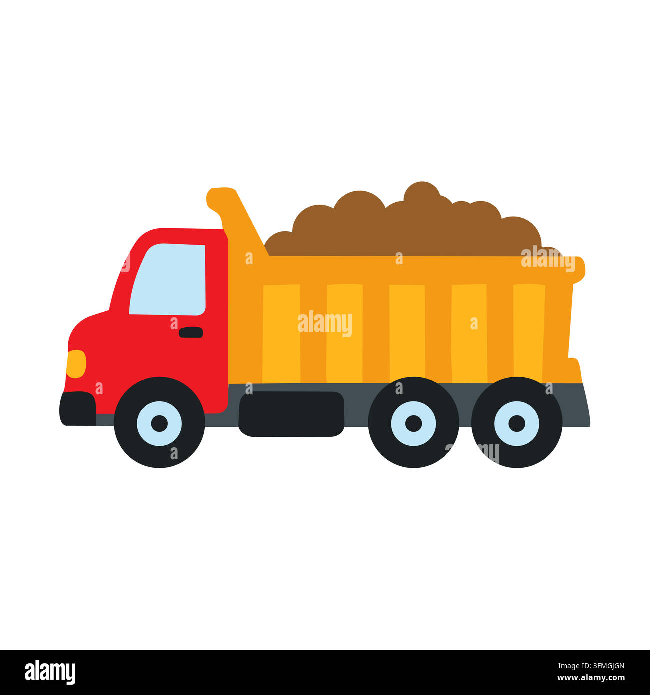 Simpatico camion ribaltabile colorato che trasporta terra, illustrazione vettoriale isolata su sfondo bianco. Veicolo da costruzione piatto in cartone animato, camion ribaltabile pesante Illustrazione Vettoriale