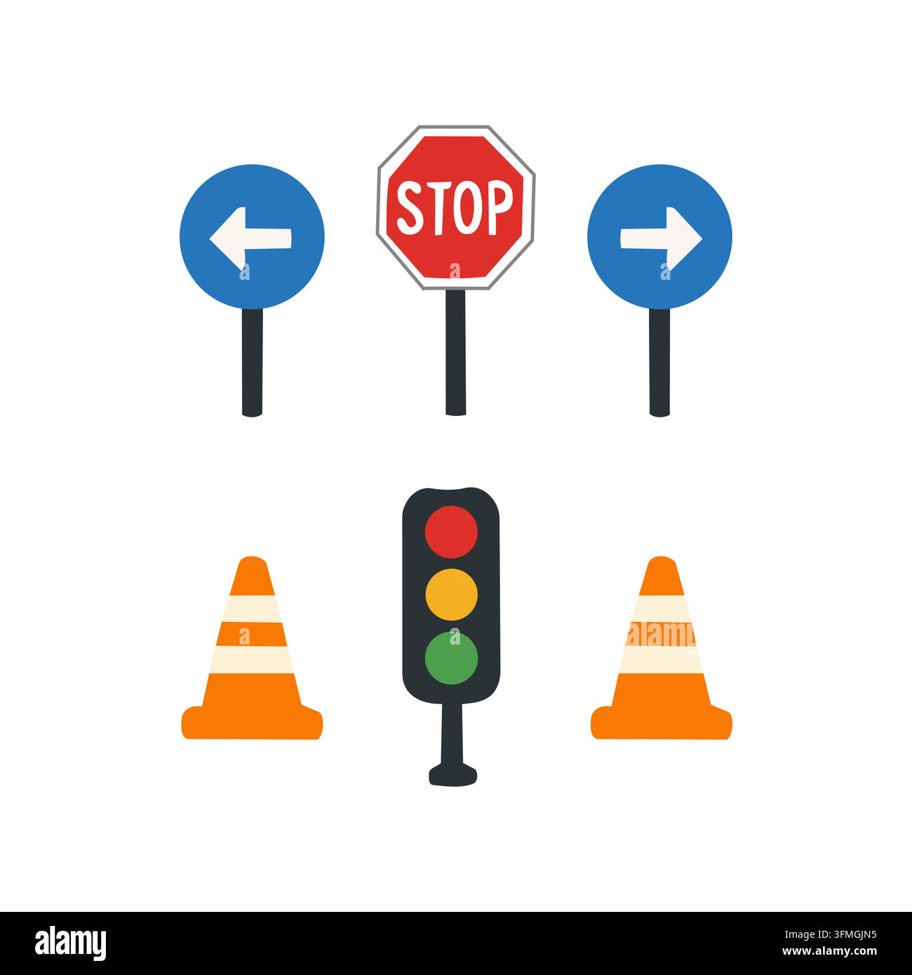 Set di segnali stradali e elementi stradali vettoriali piatti inclusi cartello di stop, frecce direzionali, semaforo e coni di sicurezza Illustrazione Vettoriale
