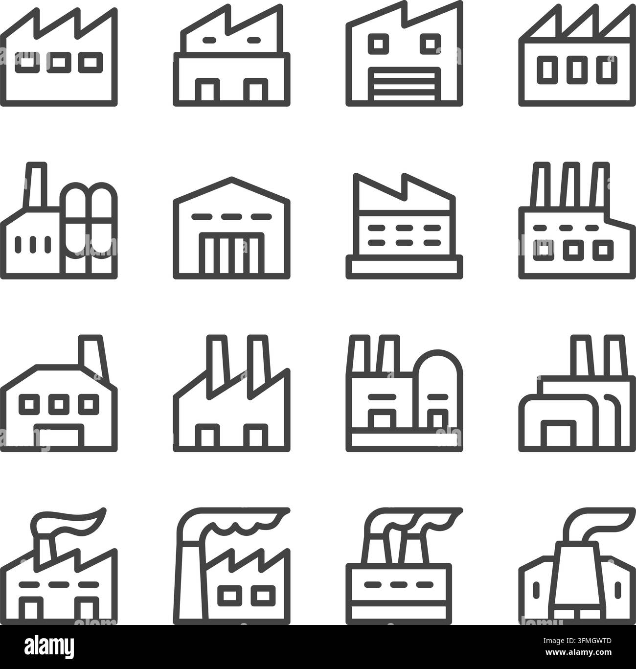 Set di icone a linea sottile di edifici industriali, vettore e illustrazione Illustrazione Vettoriale