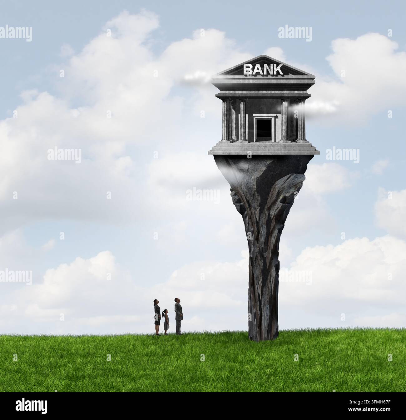 Problemi finanziari come una famiglia che lotta con debiti e spese crescenti mentre affronta l'incertezza finanziaria di una banca che non è accessibile. Foto Stock