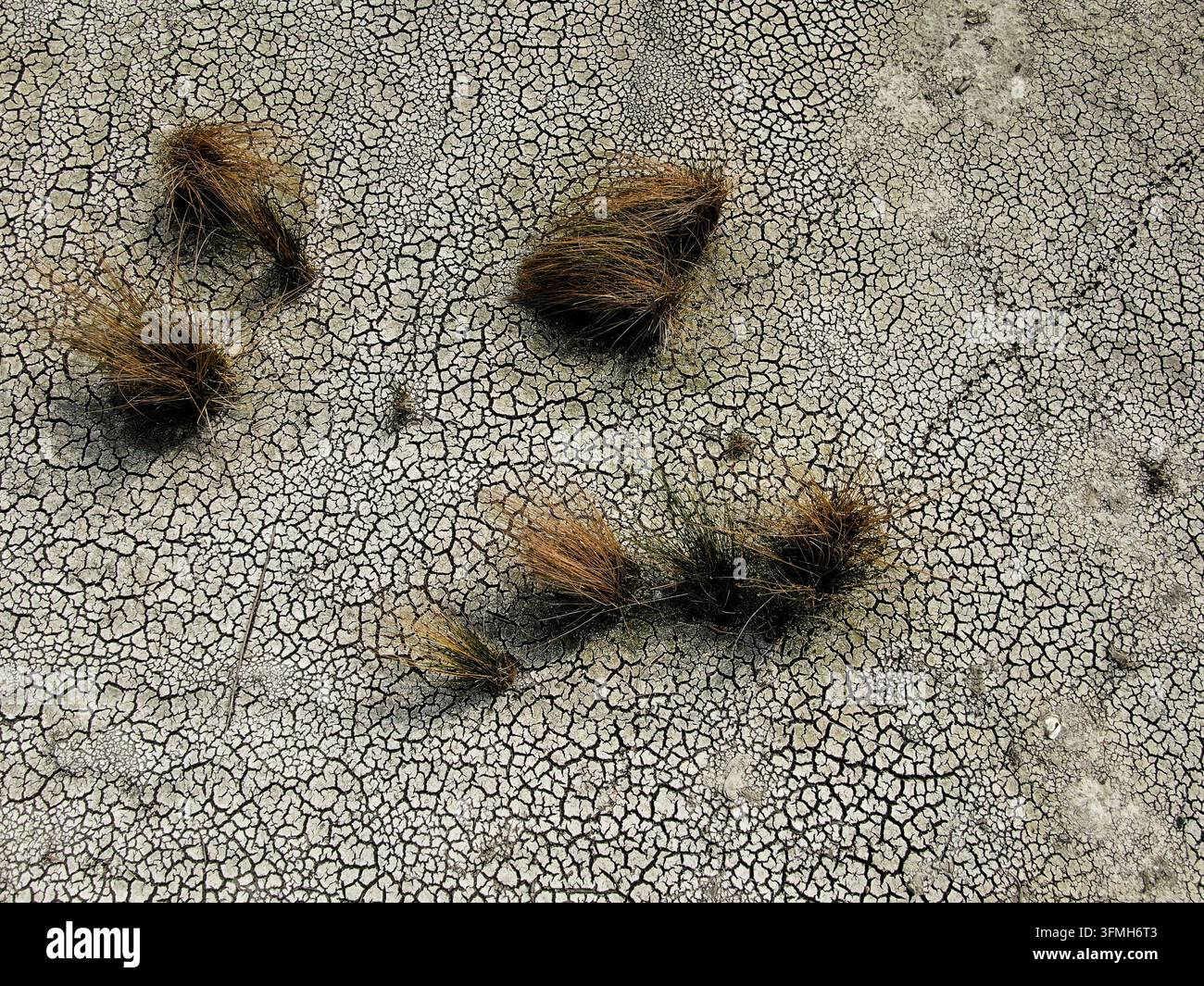 Vista aerea di terra arida divisa in un mosaico di lastre di argilla arricciate e cotte dal sole, una testimonianza netta di una prolungata siccità e della scomparsa dell'acqua. Foto Stock