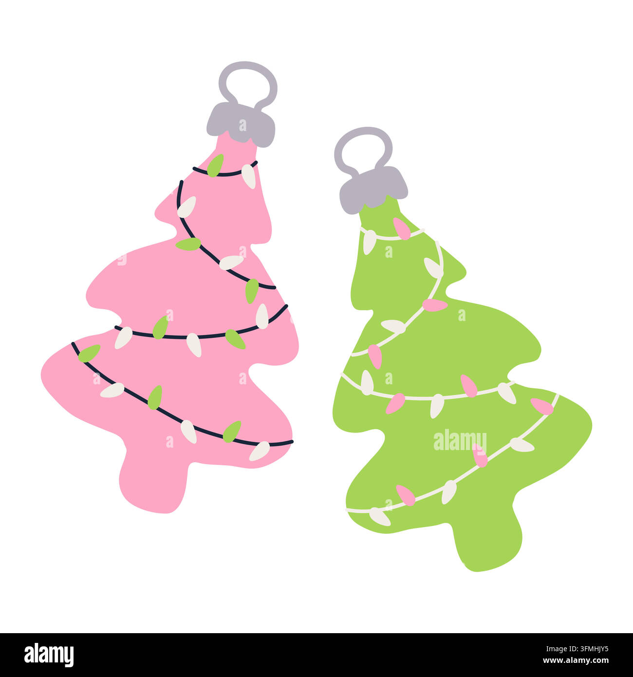 Graziosi ornamenti rosa e verdi per l'albero di Natale disegnati a mano set di vettori Illustrazione Vettoriale