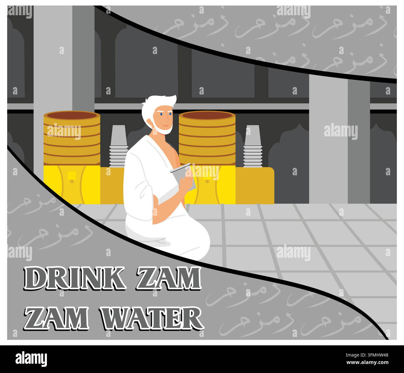 Vecchio uomo inginocchiato e in preghiera. Hajj e Umrah per siti web di aziende di servizi di viaggio e telefonia mobile. Illustrazione moderna vettoriale piatta Illustrazione Vettoriale