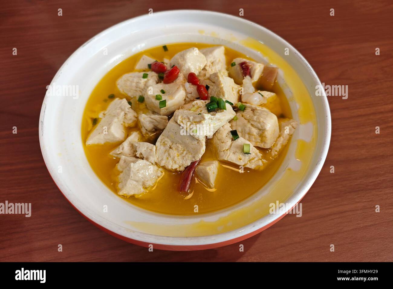 Cubi di tofu morbido cotti a fuoco lento in un brodo dorato saporito, guarniti con bacche di goji e cipollotti tritati in una ciotola bianca Foto Stock
