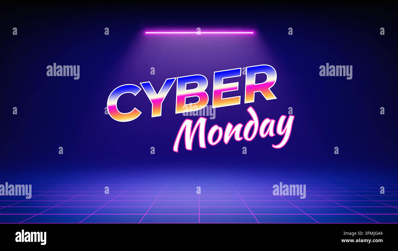 Banner dell'offerta neon di Cyber Monday. Palcoscenico illuminato da neon, faretto LED rosa viola, sfondo blu. Design minimalistico dello sfondo per la presentazione Illustrazione Vettoriale