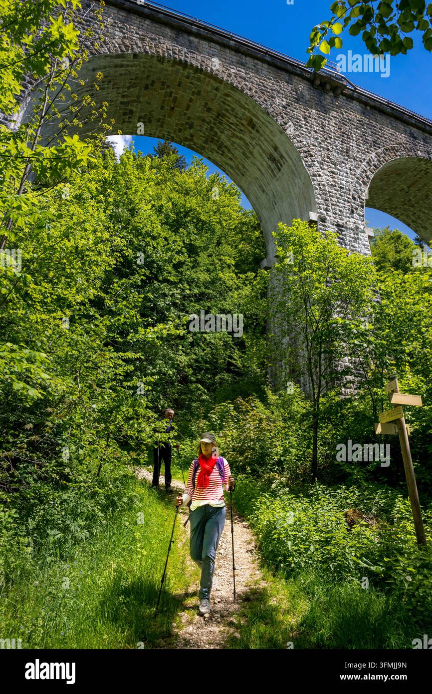Francia, Giura, Morbier, escursionista che passa sotto un arco di un viadotto sulla linea delle Hirondelles Foto Stock