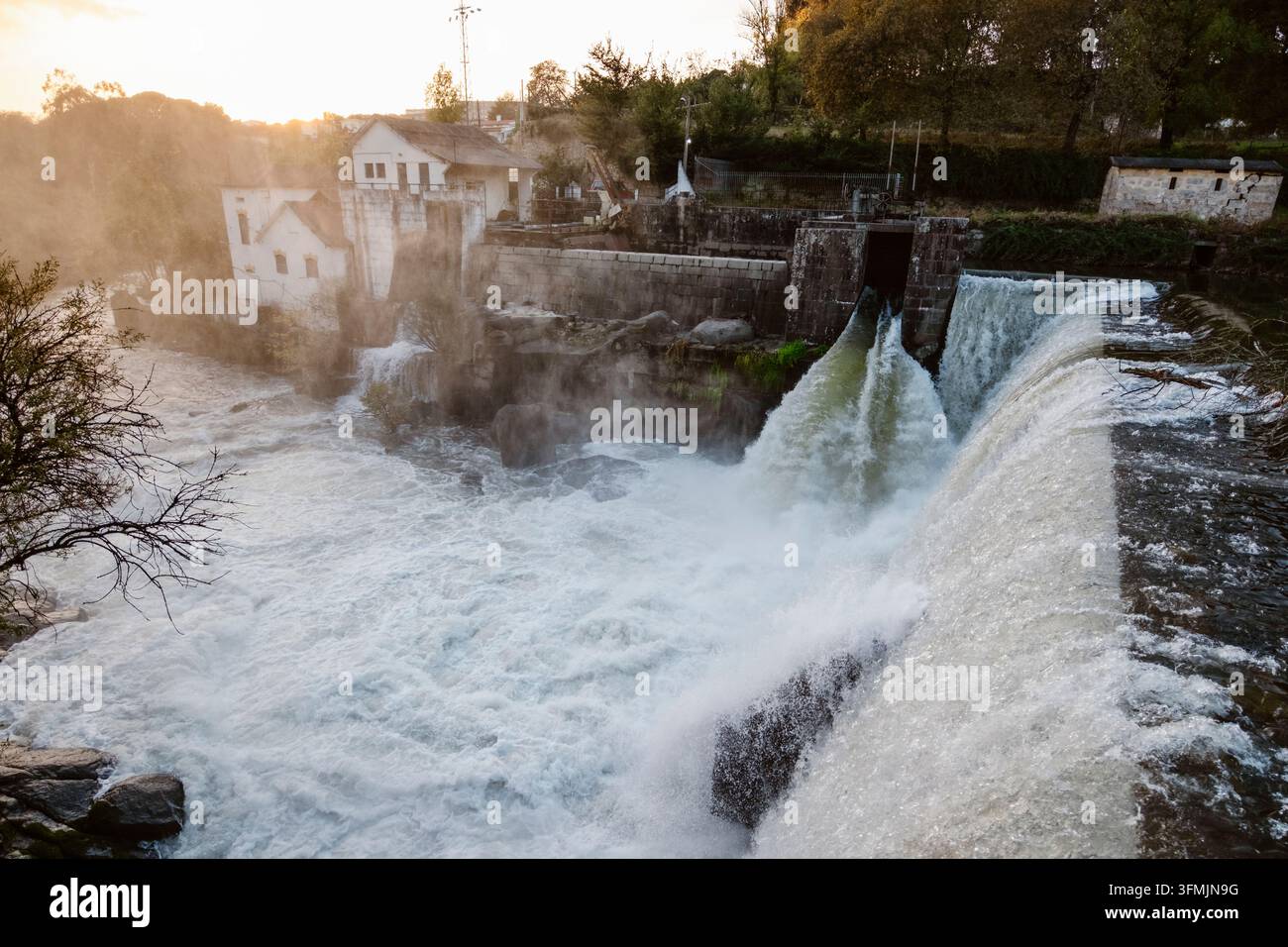 Cascata nel Parque Novo Amieiro Galego circondata da una natura lussureggiante, Riba de Ave, Portogallo. Foto Stock