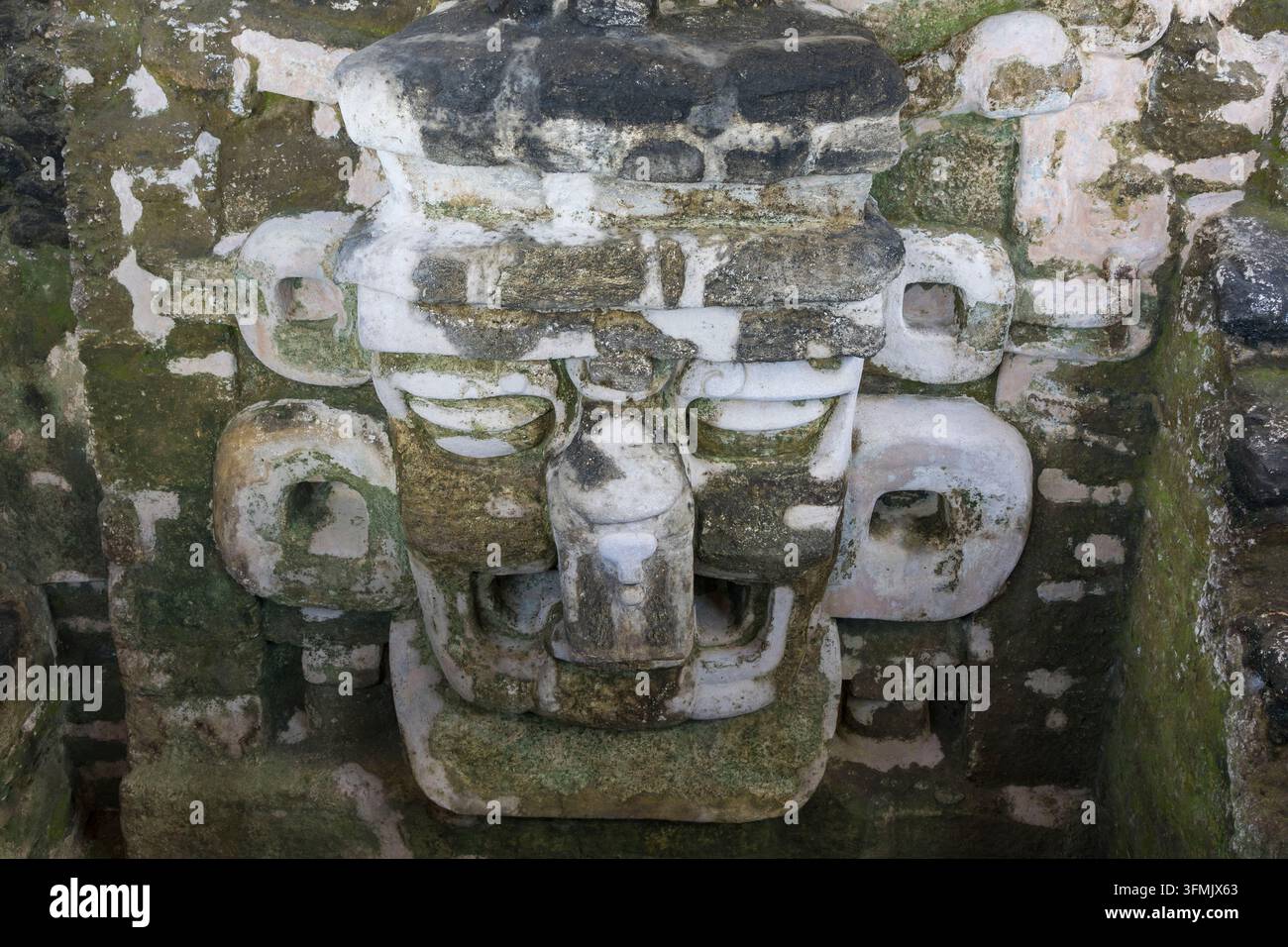 Guatemala, Dipartimento di Petén, Parco Nazionale di Tikal, sito inserito nel Patrimonio Mondiale dell'UNESCO, Acropoli Nord, maschera in pietra di Chaac, dio della pioggia Maya Foto Stock
